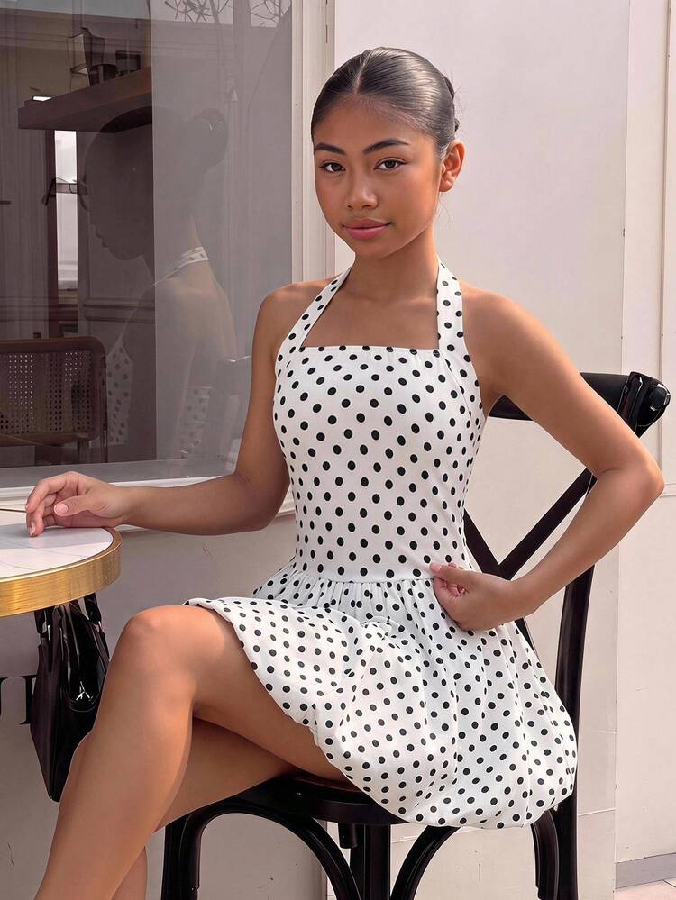 White Halter Neck Dress with Black Polka Dot Print — Dresses for Teens