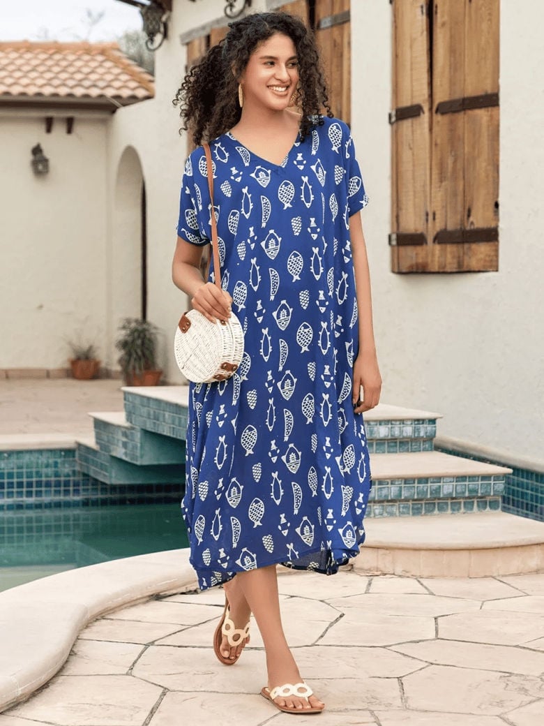 Blue Kaftan Dress with Fish Print Blue Kaftan Dress with Fish Print — Dresses to Wear