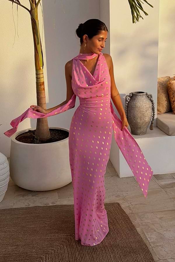Pink Metallic Polka Dot Halter Neck Maxi Dress Pink Metallic Polka Dot Halter Neck Maxi Dress — Dresses to Wear