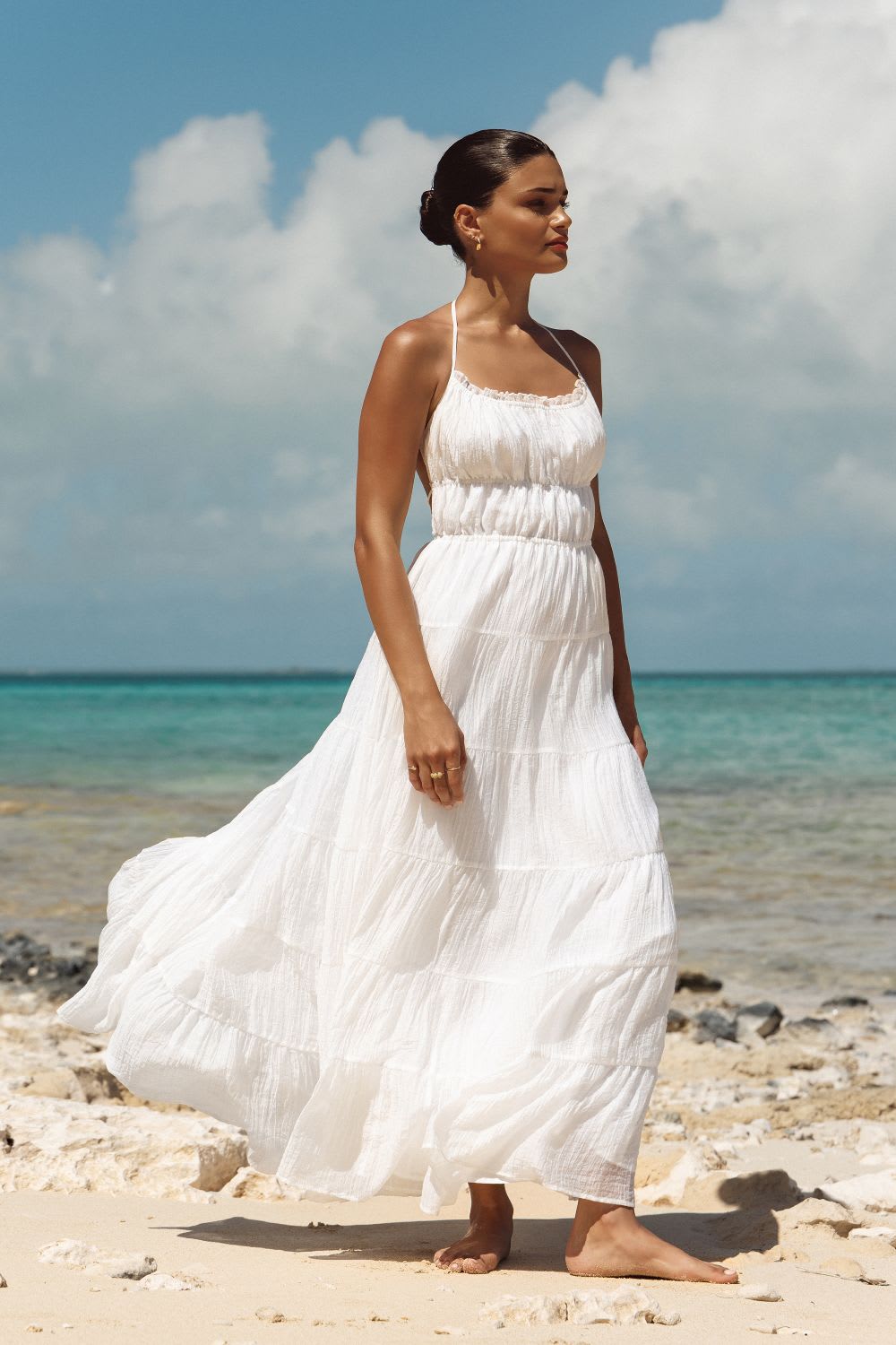 Flowing White Tiered Halter Neck Maxi Dress Flowing White Tiered Halter Neck Maxi Dress — Dresses to Wear