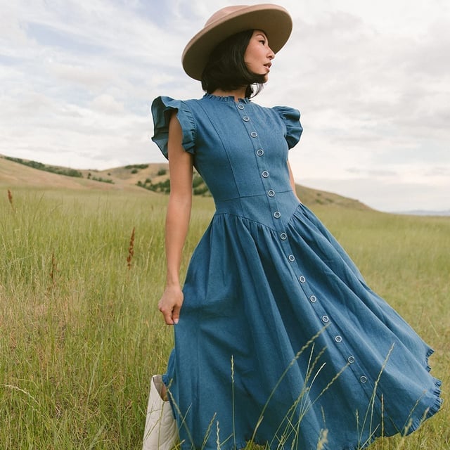 Medium Blue Denim Button-Front Midi Dress Medium Blue Denim Button-Front Midi Dress — Dresses to Wear