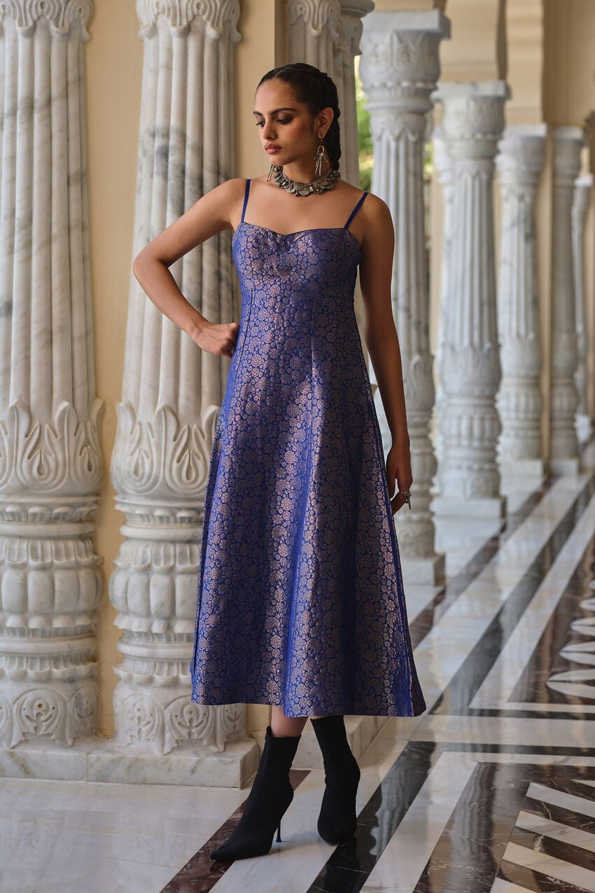 Blue Brocade Fit-and-Flare Midi Dress Blue Brocade Fit-and-Flare Midi Dress — Dresses to Wear