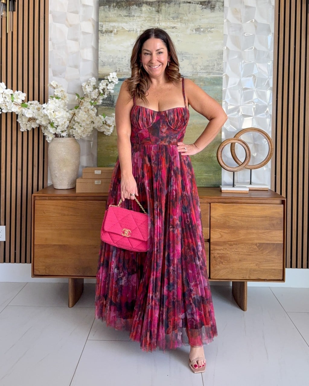 Floral Print Maxi Dress with Pleated Skirt and Strappy Heeled Sandals Floral Print Maxi Dress with Pleated Skirt and Strappy Heeled Sandals — Dresses to Wear