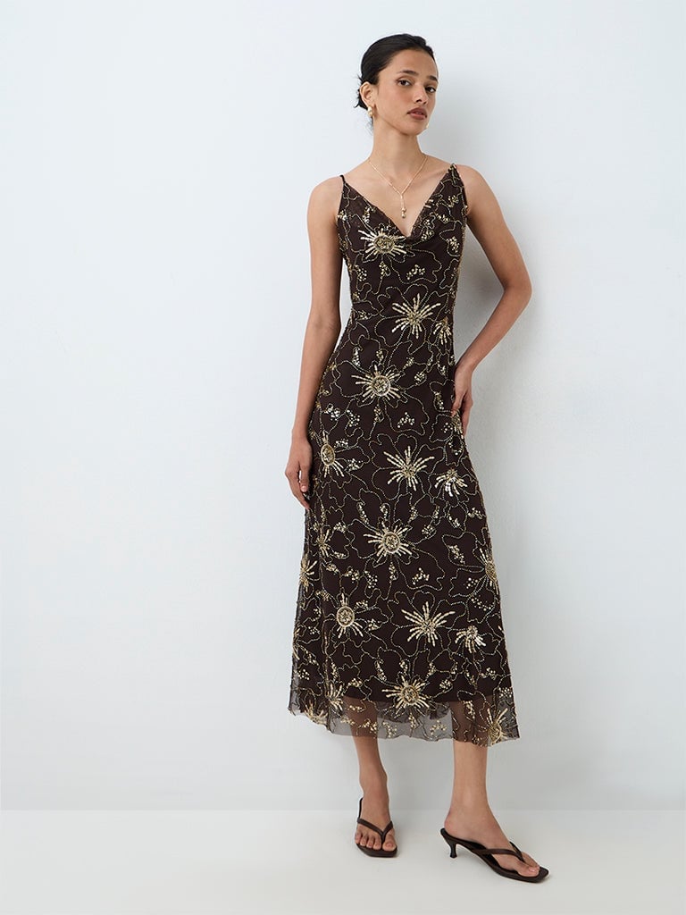 Dark Brown Embellished Spaghetti Strap Midi Dress Dark Brown Embellished Spaghetti Strap Midi Dress — Dresses to Wear
