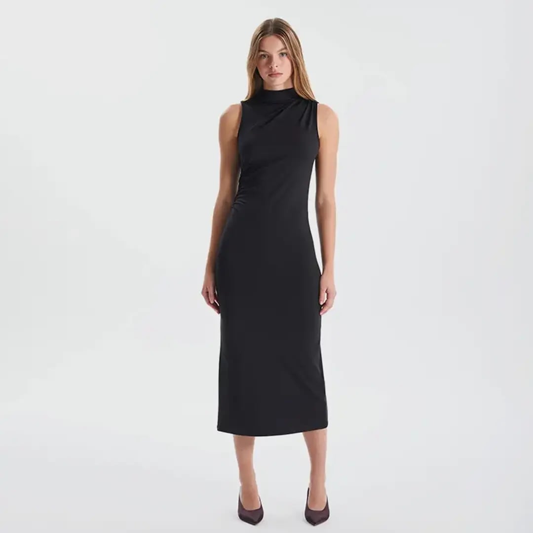 Black Mock Neck Fitted Midi Dress, Close-Up Take Black Mock Neck Fitted Midi Dress, Close-Up Take — Dresses to Wear