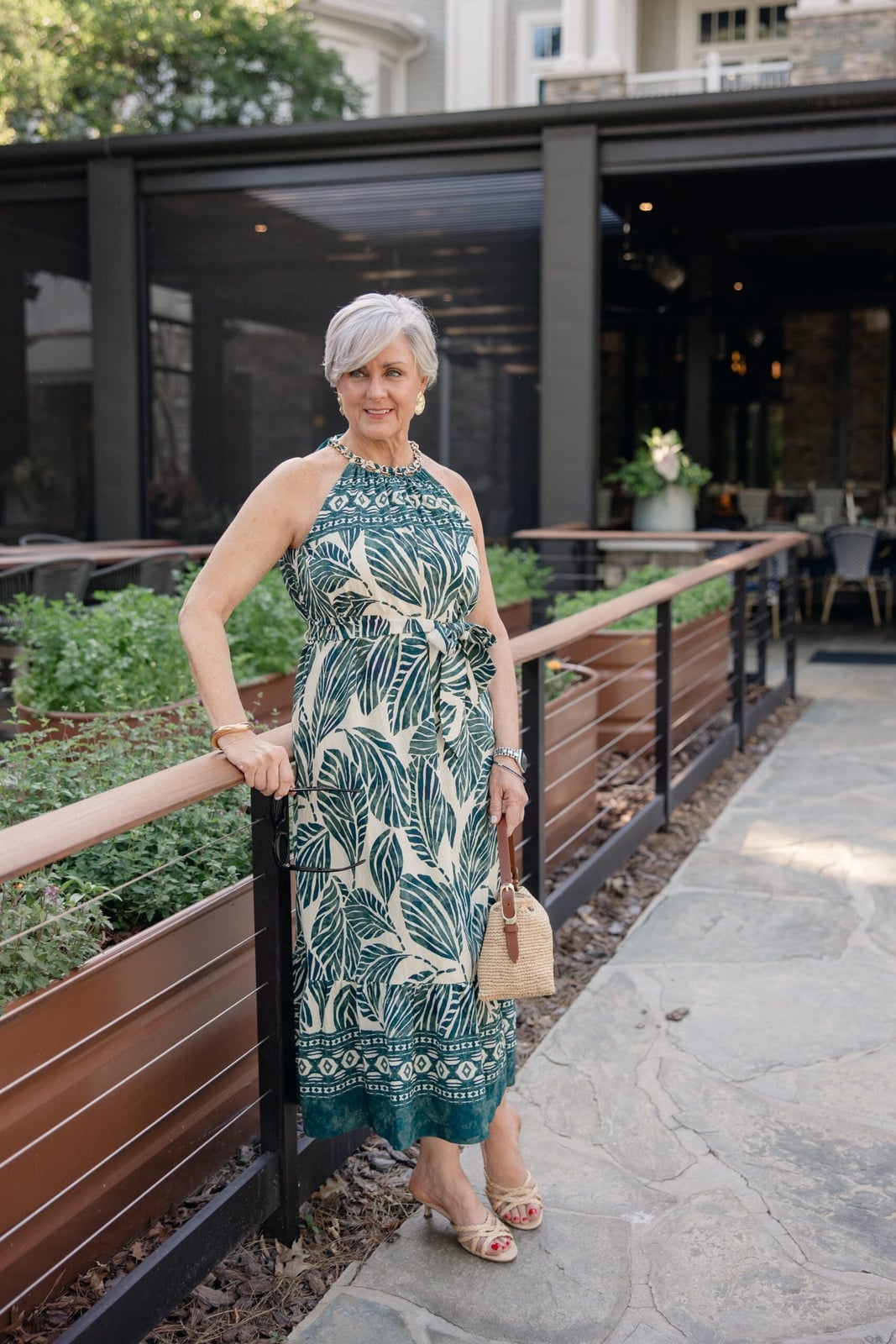 Cream Green Tropical Print Halter Neck Dress Cream Green Tropical Print Halter Neck Dress — Dresses to Wear