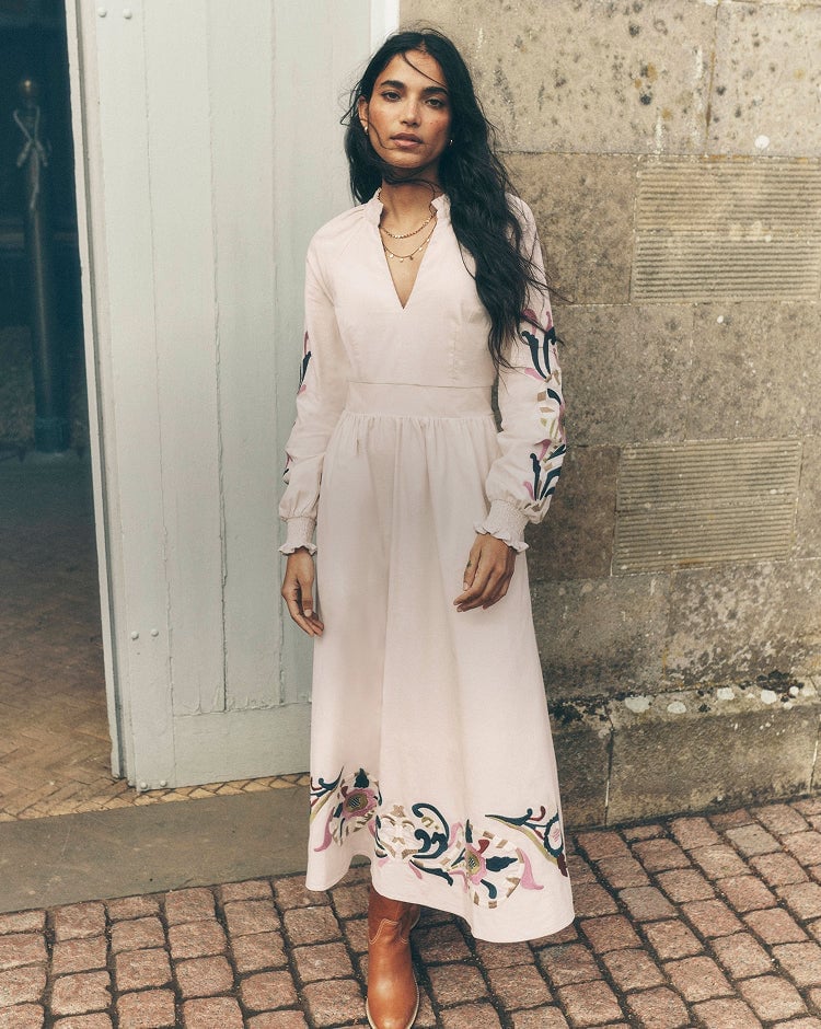 Embroidered Pale Pink Empire Waist Midi Dress Embroidered Pale Pink Empire Waist Midi Dress — Dresses to Wear