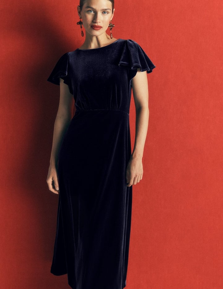 Dark Navy Velvet Fit-and-Flare Midi Dress Dark Navy Velvet Fit-and-Flare Midi Dress — Dresses to Wear