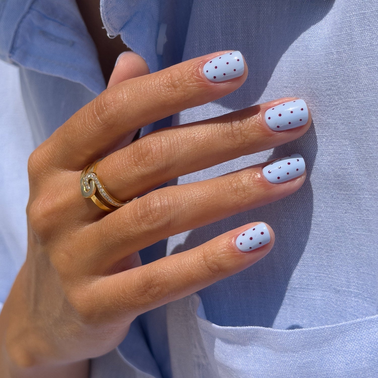 Light Blue Polka Dot Short Square Nails Light Blue Polka Dot Short Square Nails — Easy Nail Art