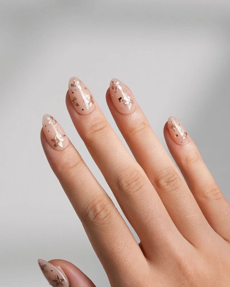 Sheer Nude Gold Foil Medium Almond Nails Sheer Nude Gold Foil Medium Almond Nails — Easy Nail Art