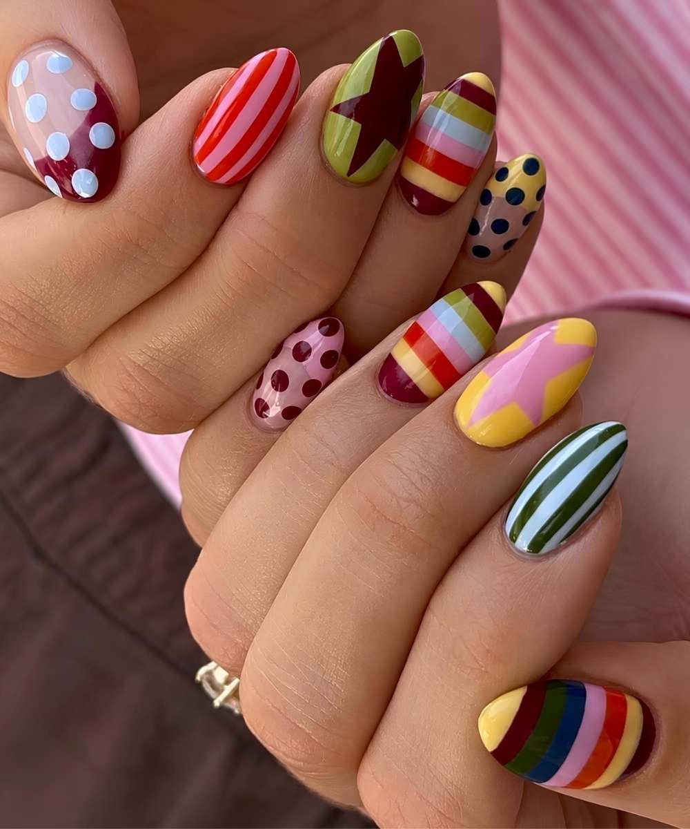 Playful Patterned Short Almond Nails Playful Patterned Short Almond Nails — Easy Nail Art