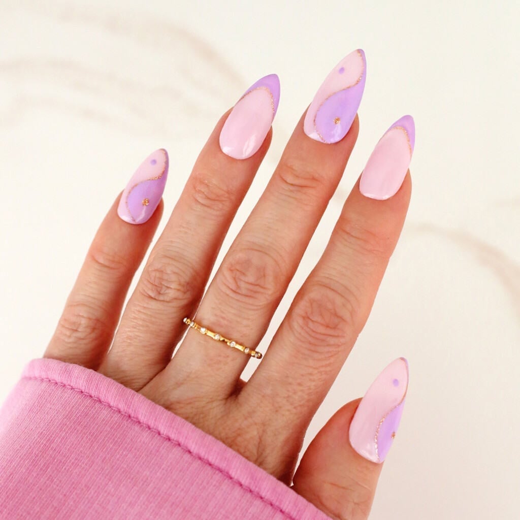 Pastel Wave Gold Dot Long Almond Nails Pastel Wave Gold Dot Long Almond Nails — Easy Nail Art