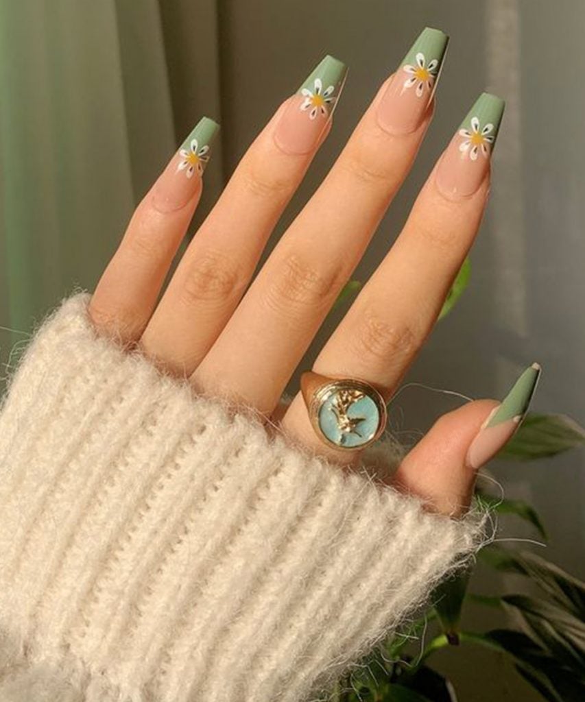 Sage Green French Floral Long Coffin Nails Sage Green French Floral Long Coffin Nails — Easy Nail Art