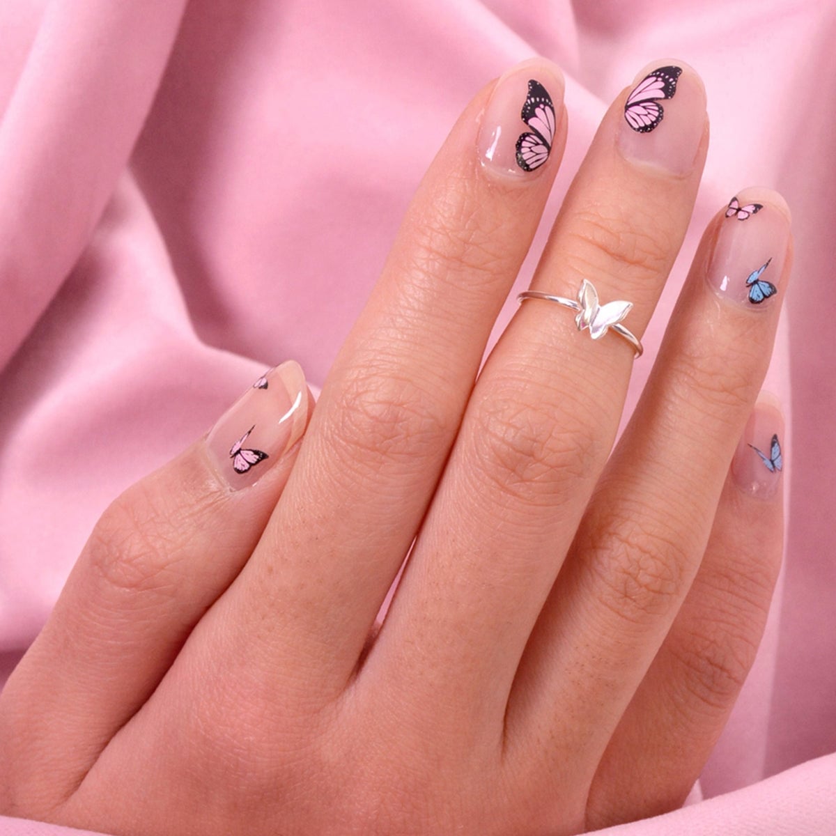 Clear Base Butterfly Decal Short Almond Nails Clear Base Butterfly Decal Short Almond Nails — Easy Nail Art