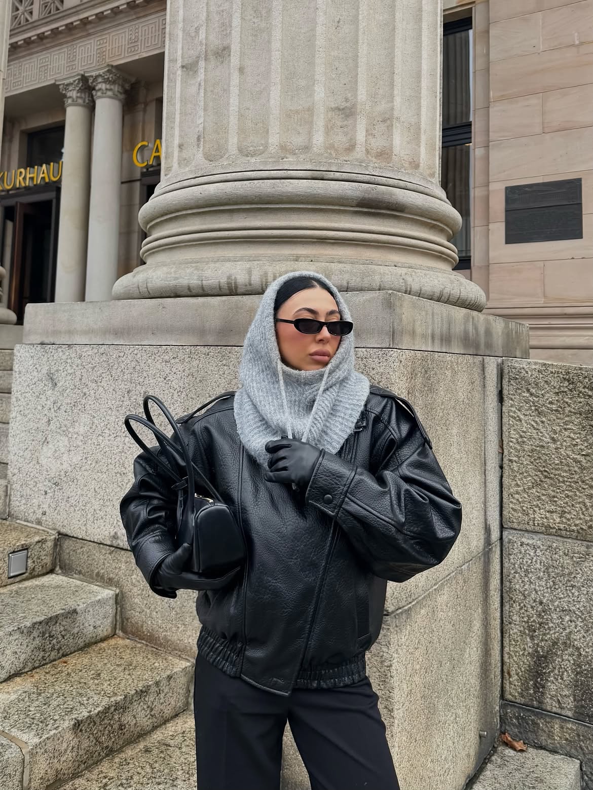 Edgy Black Leather Jacket And Knit Hood Combo