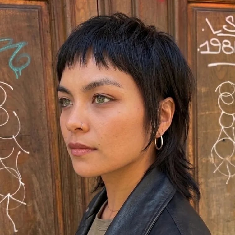 Dark Brown Mullet Variation With Short Bangs Dark Brown Mullet Variation With Short Bangs — Edgy Haircuts