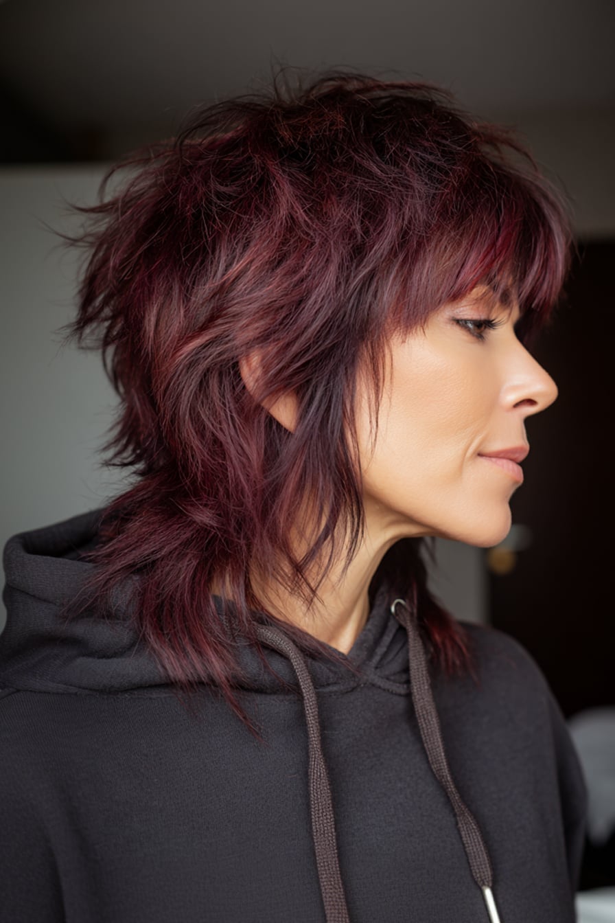 Mid-Back Dark Red Shag With Full Bangs Mid-Back Dark Red Shag With Full Bangs — Edgy Haircuts