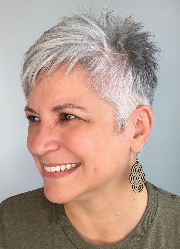 Spiky Silver Pixie With Swept Bangs Spiky Silver Pixie With Swept Bangs — Edgy Haircuts