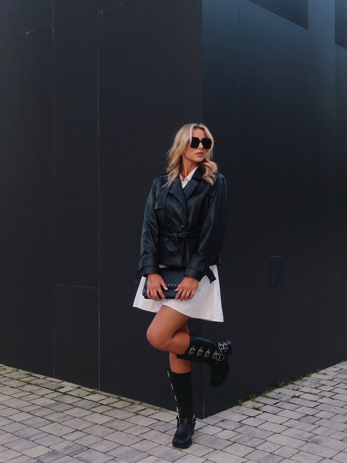 Edgy Leather Jacket And Black Knee High Boots Outfit