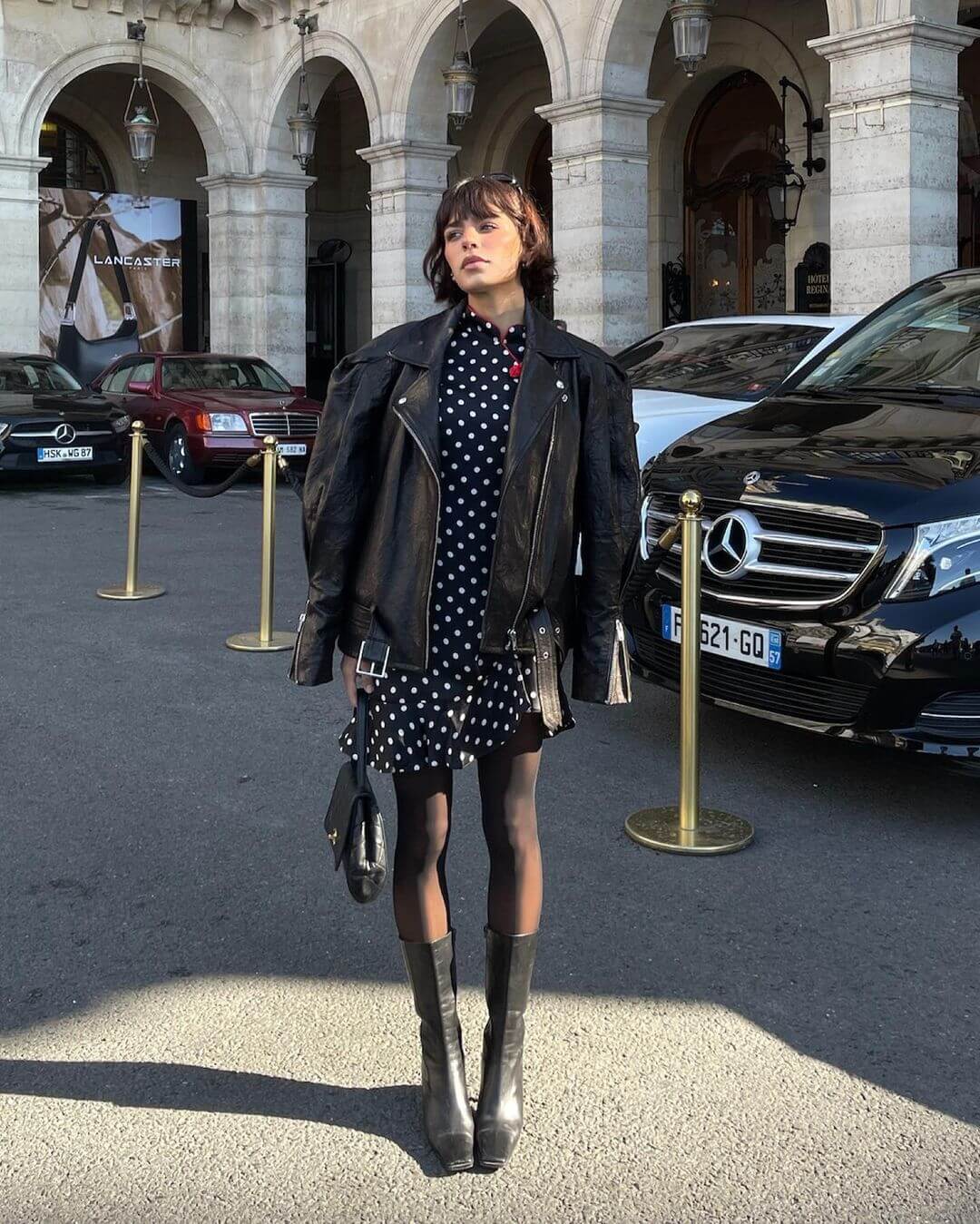 Oversized Leather Blazer Over Polka Dot Mini Dress Oversized Leather Blazer Over Polka Dot Mini Dress — Edgy Outfits