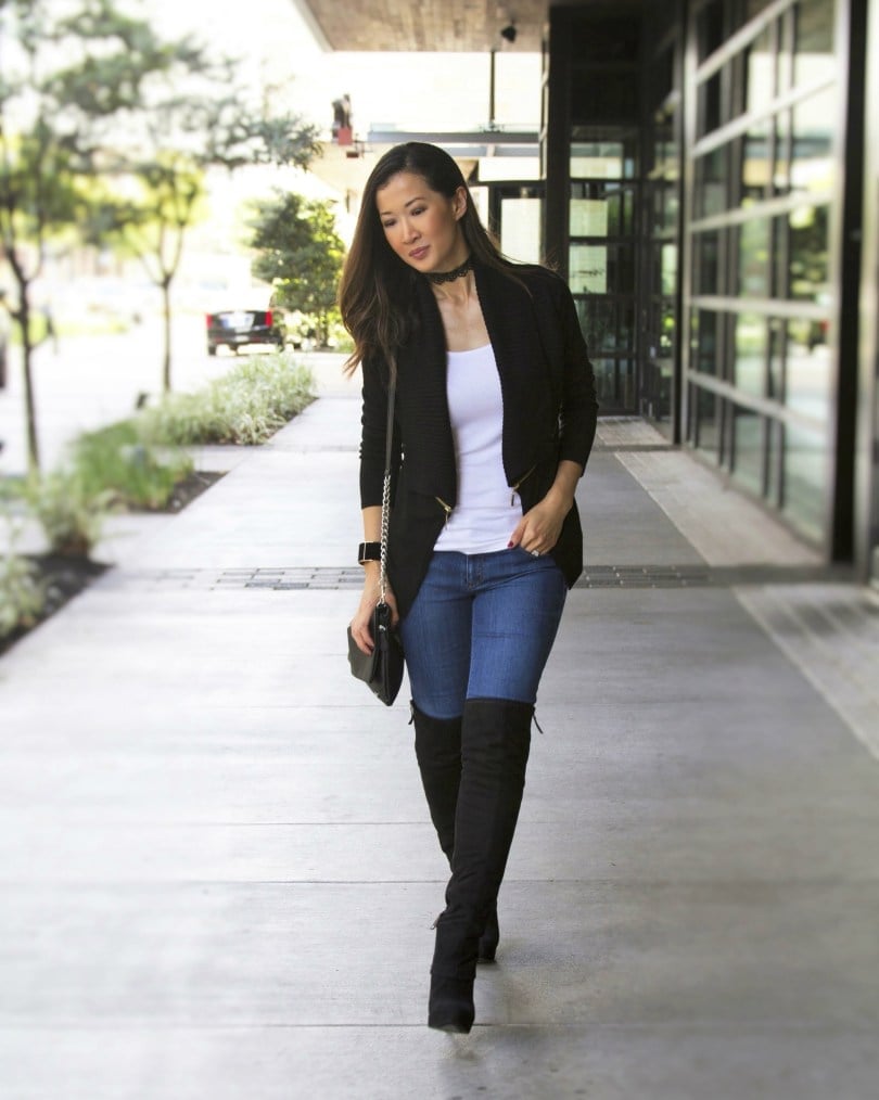 Over-the-knee Boots with Cardigan and Skinny Jeans for Casual Edge Over-the-knee Boots with Cardigan and Skinny Jeans for Casual Edge — Edgy Outfits