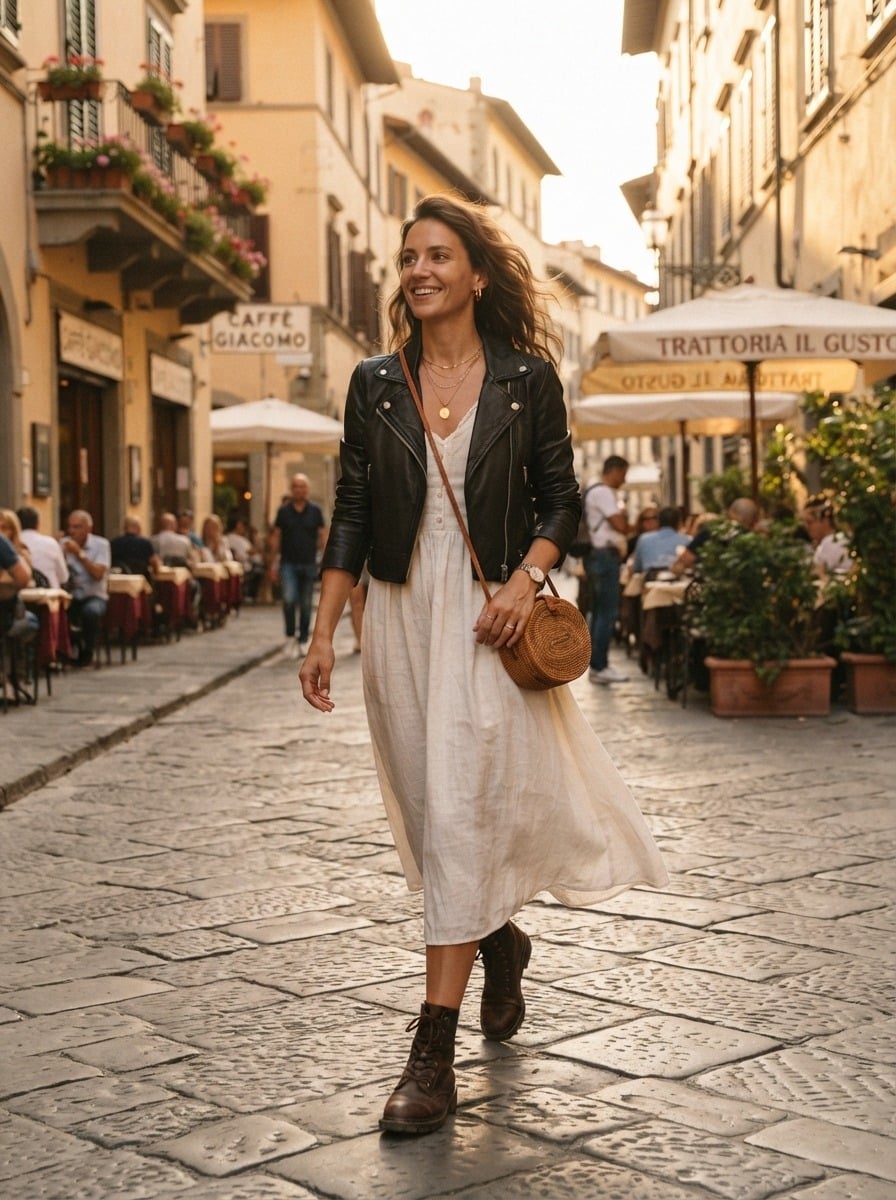 Leather Jacket Over Linen Dress for Travel-Ready Edge Leather Jacket Over Linen Dress for Travel-Ready Edge — Edgy Outfits