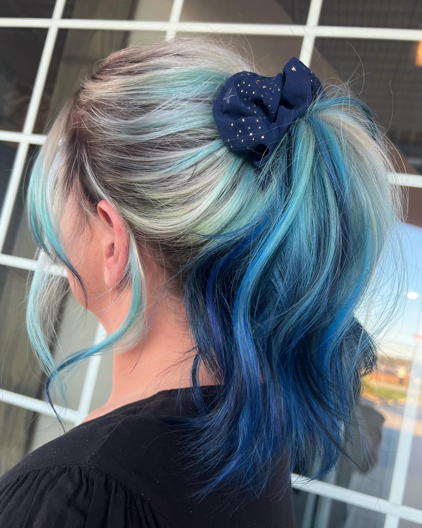 Electric Blue Waves With Platinum Highlights Ponytail