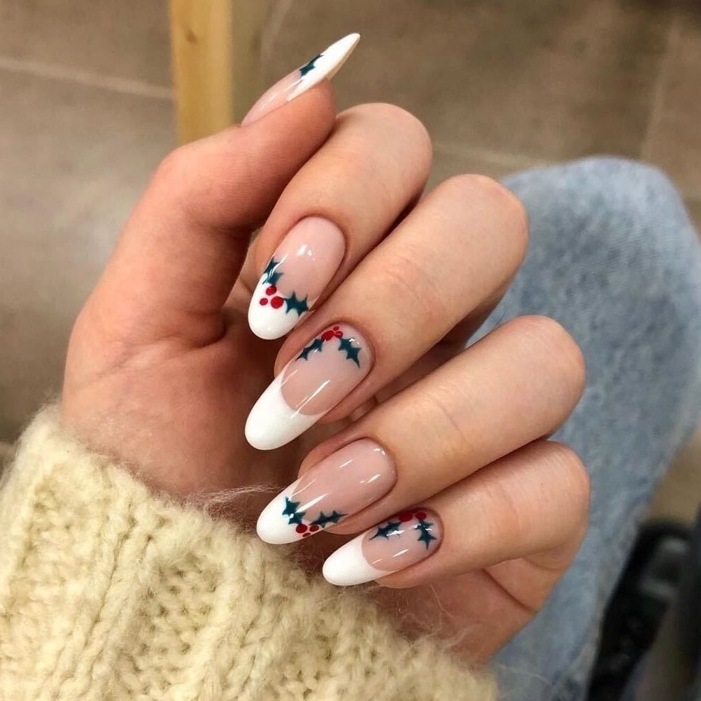 Almond French With Holly Berry Art Almond French With Holly Berry Art — Elegant Christmas Nails