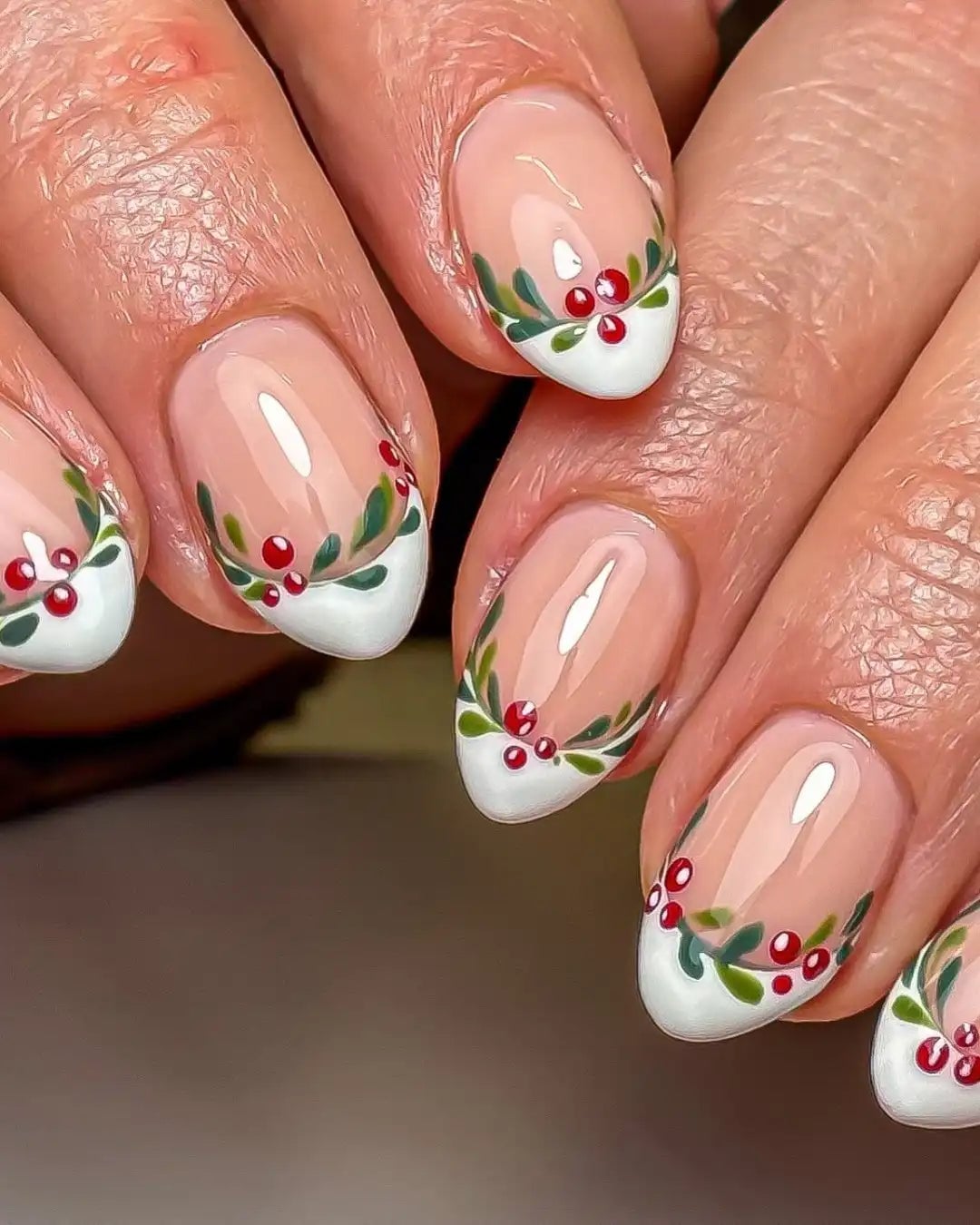 Oval French With Holly Leaves And Berries Oval French With Holly Leaves And Berries — Elegant Christmas Nails