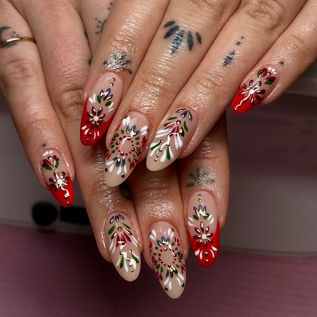 Almond Festive Motifs And Red French Almond Festive Motifs And Red French — Elegant Christmas Nails