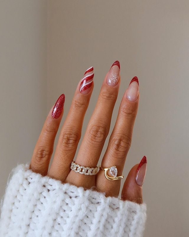 Almond Candy Cane French Nails Almond Candy Cane French Nails — Elegant Christmas Nails