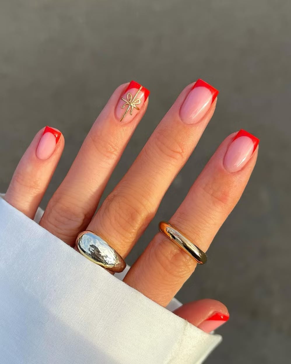 Soft Square Red French With Gold Bow Soft Square Red French With Gold Bow — Elegant Christmas Nails