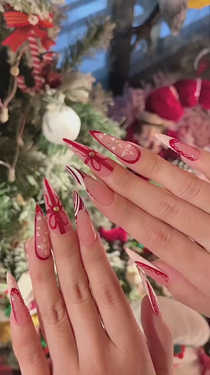 Almond Red Glitter French With Bow Almond Red Glitter French With Bow — Elegant Christmas Nails