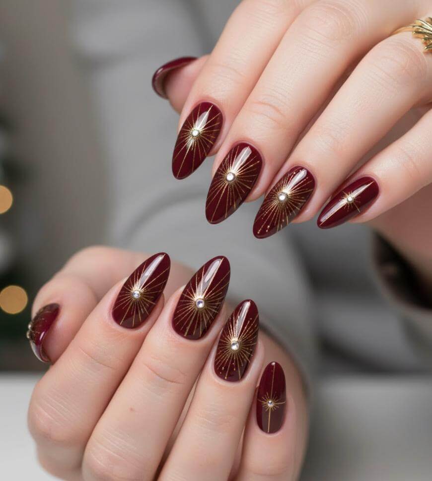 Deep Burgundy Shimmer Sunburst Nails Deep Burgundy Shimmer Sunburst Nails — Elegant Christmas Nails