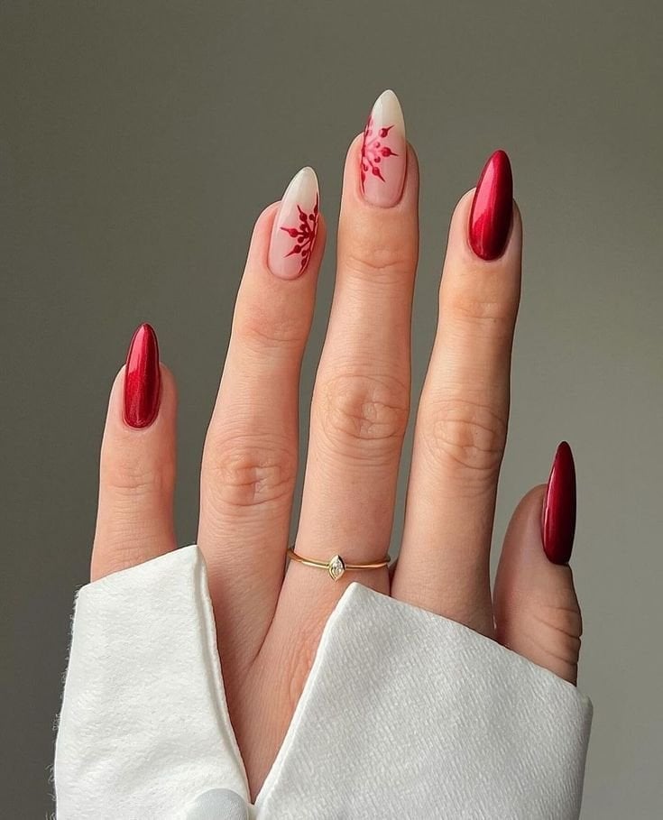 Long Stiletto Red With Snowflake Art Long Stiletto Red With Snowflake Art — Elegant Christmas Nails