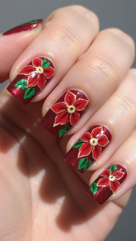 Square Red Poinsettia Glitter Nails Square Red Poinsettia Glitter Nails — Elegant Christmas Nails