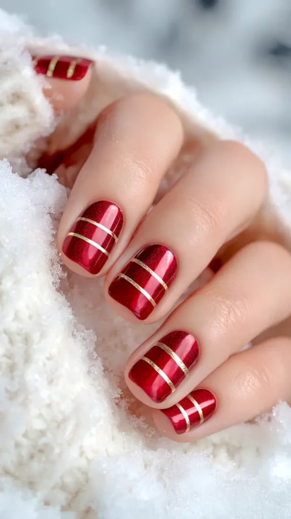 Short Square Metallic Red With Gold Stripes Short Square Metallic Red With Gold Stripes — Elegant Christmas Nails