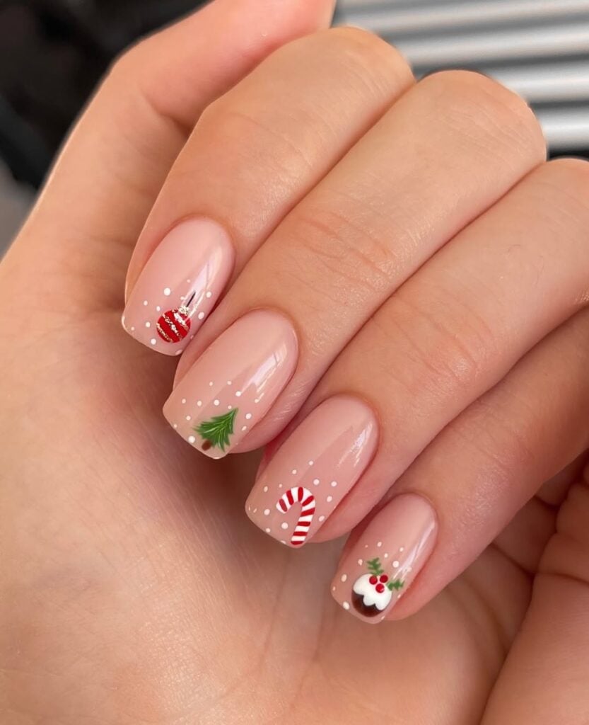 Soft Square Nude With Mini Christmas Art Soft Square Nude With Mini Christmas Art — Elegant Christmas Nails