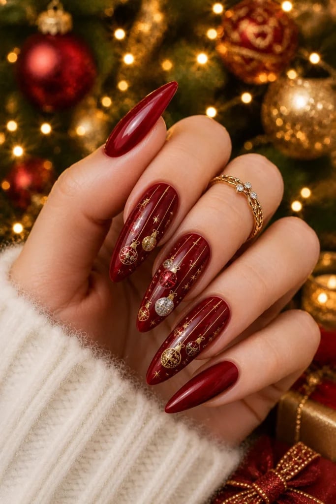 Long Stiletto Red Nails With Ornaments Long Stiletto Red Nails With Ornaments — Elegant Christmas Nails