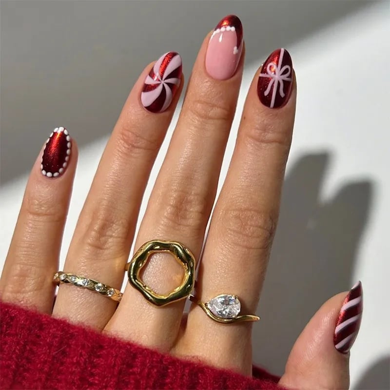 Short Almond Festive Candy Cane Nails Short Almond Festive Candy Cane Nails — Elegant Christmas Nails