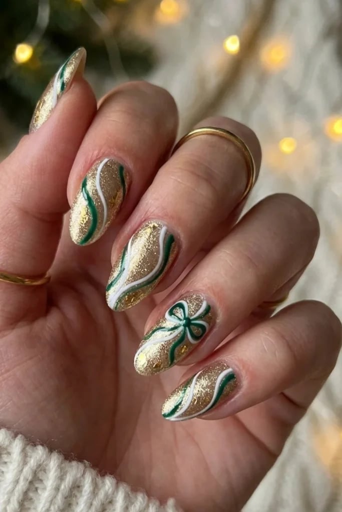 Medium Almond Gold Glitter With Bow Medium Almond Gold Glitter With Bow — Elegant Christmas Nails