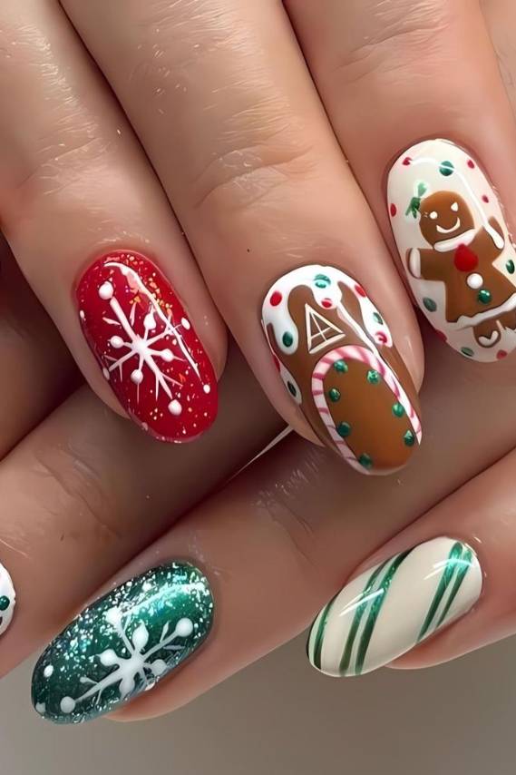 Oval Gingerbread Man And Candy Cane Nails Oval Gingerbread Man And Candy Cane Nails — Elegant Christmas Nails