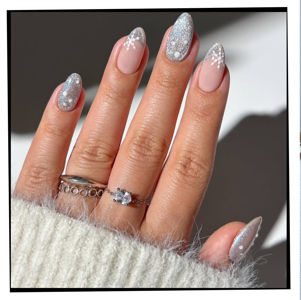 Nude Oval Nails With Silver Sparkle, овальный Nude Oval Nails With Silver Sparkle, овальный — Elegant Christmas Nails