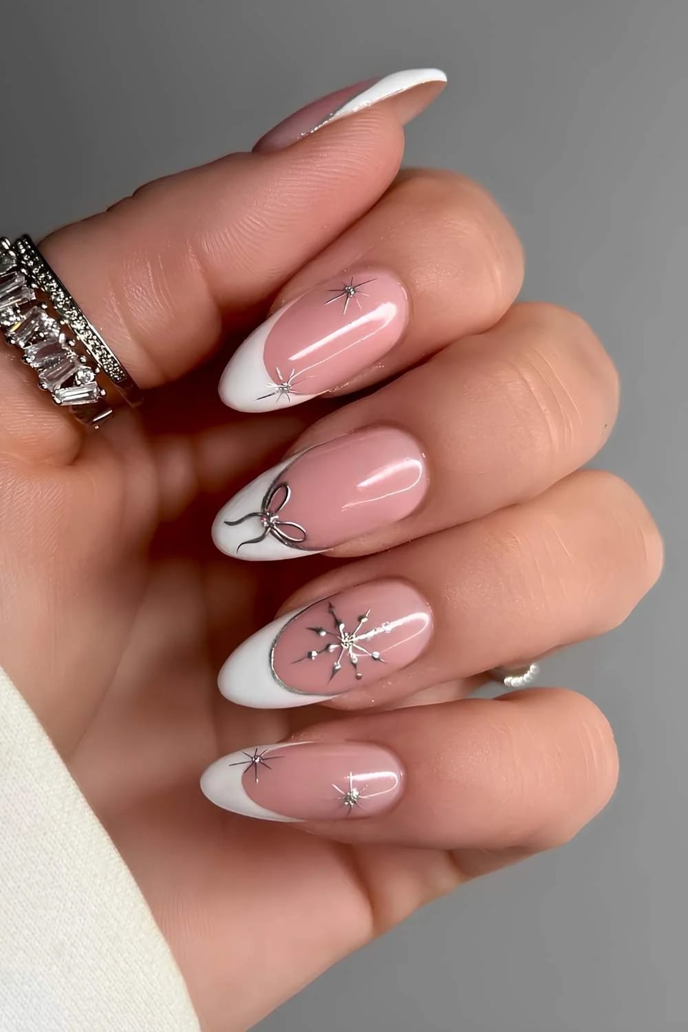 Sheer Pink French Tips With Silver Accents Sheer Pink French Tips With Silver Accents — Elegant Christmas Nails