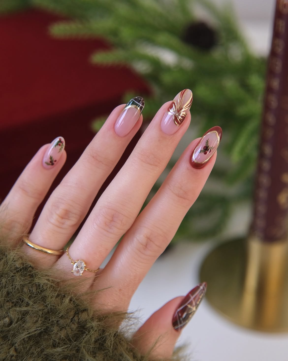 Elegant Christmas Plaid Bow and Holly Almond Nails