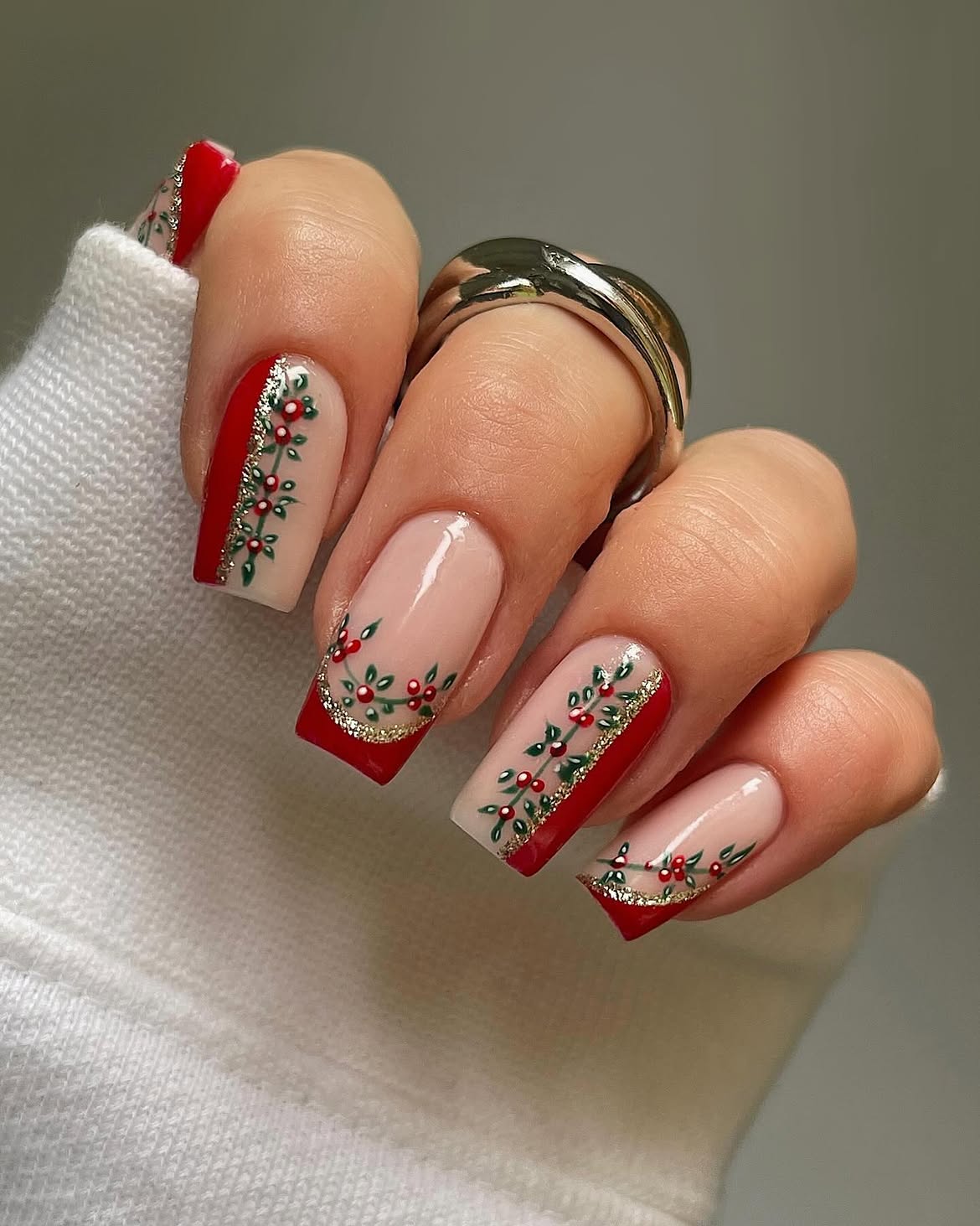 Elegant Holly Berry French Tip Christmas Nails