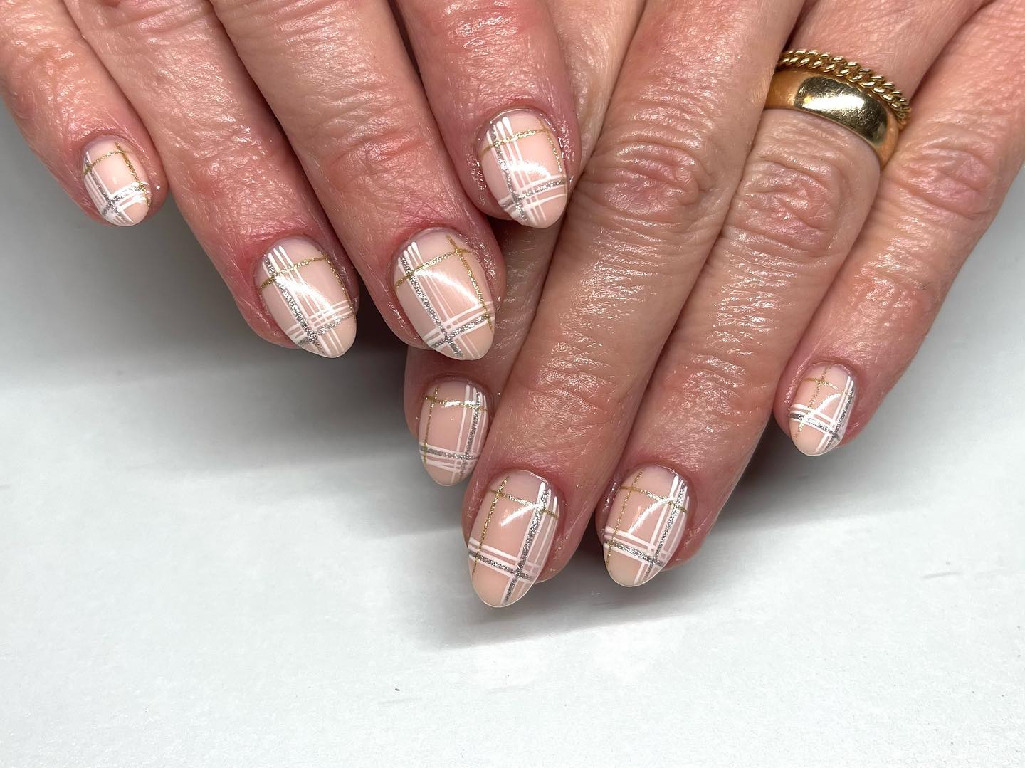 Elegant Plaid Neutral Almond Nails