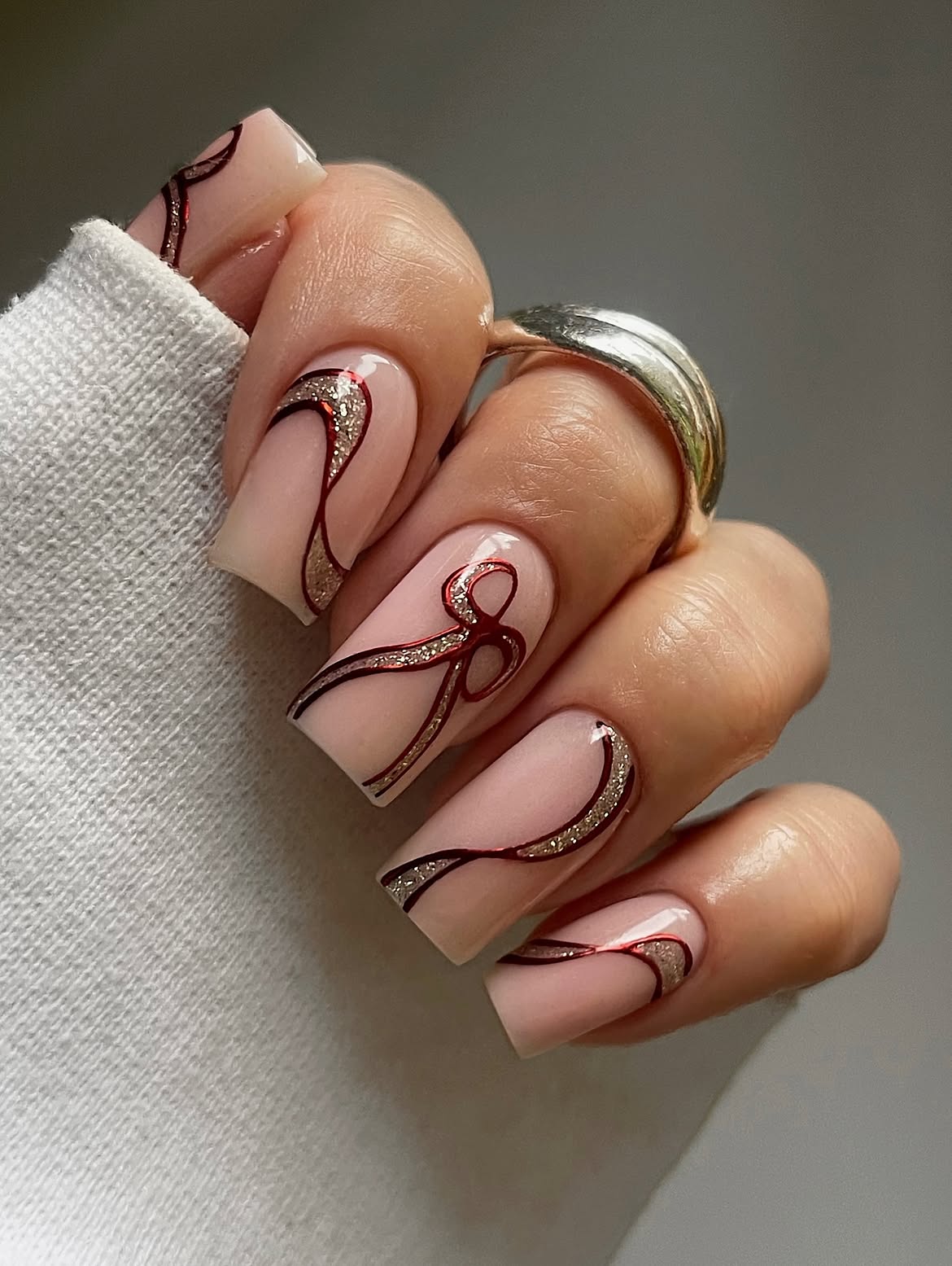 Elegant Red Bow Sparkle French Tip Nails