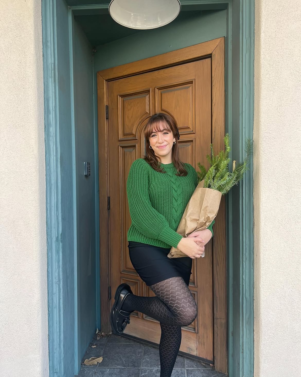 Emerald Cable Knit With Black Mini Skirt Winter Look