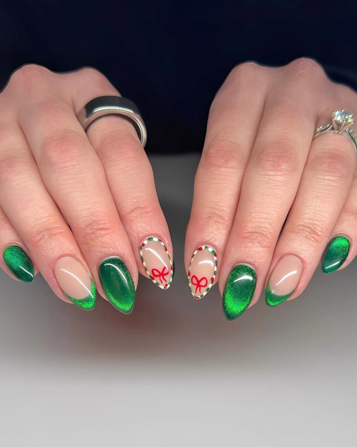 Emerald Cat Eye French with Candy Cane Art